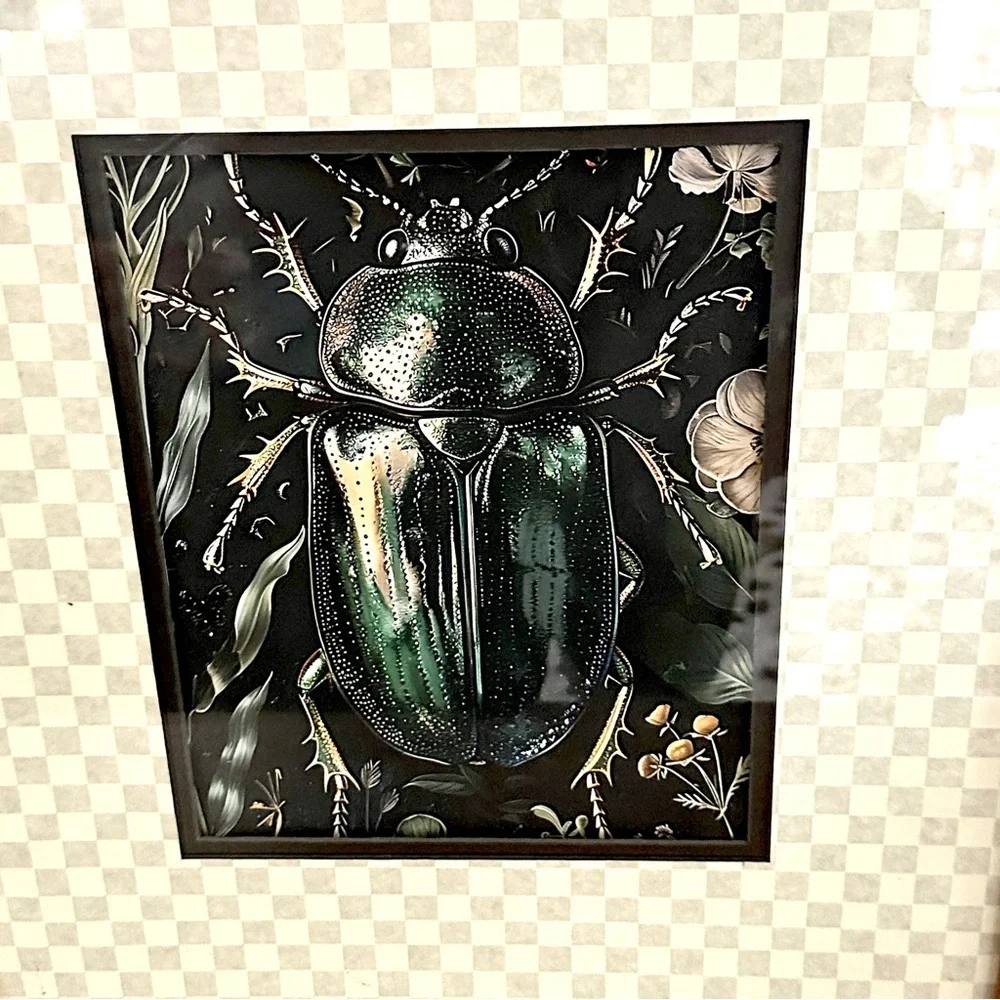 Scarab Beetle Dark Moody Canvas Print Checker Matted & Wood Framed Wall Art